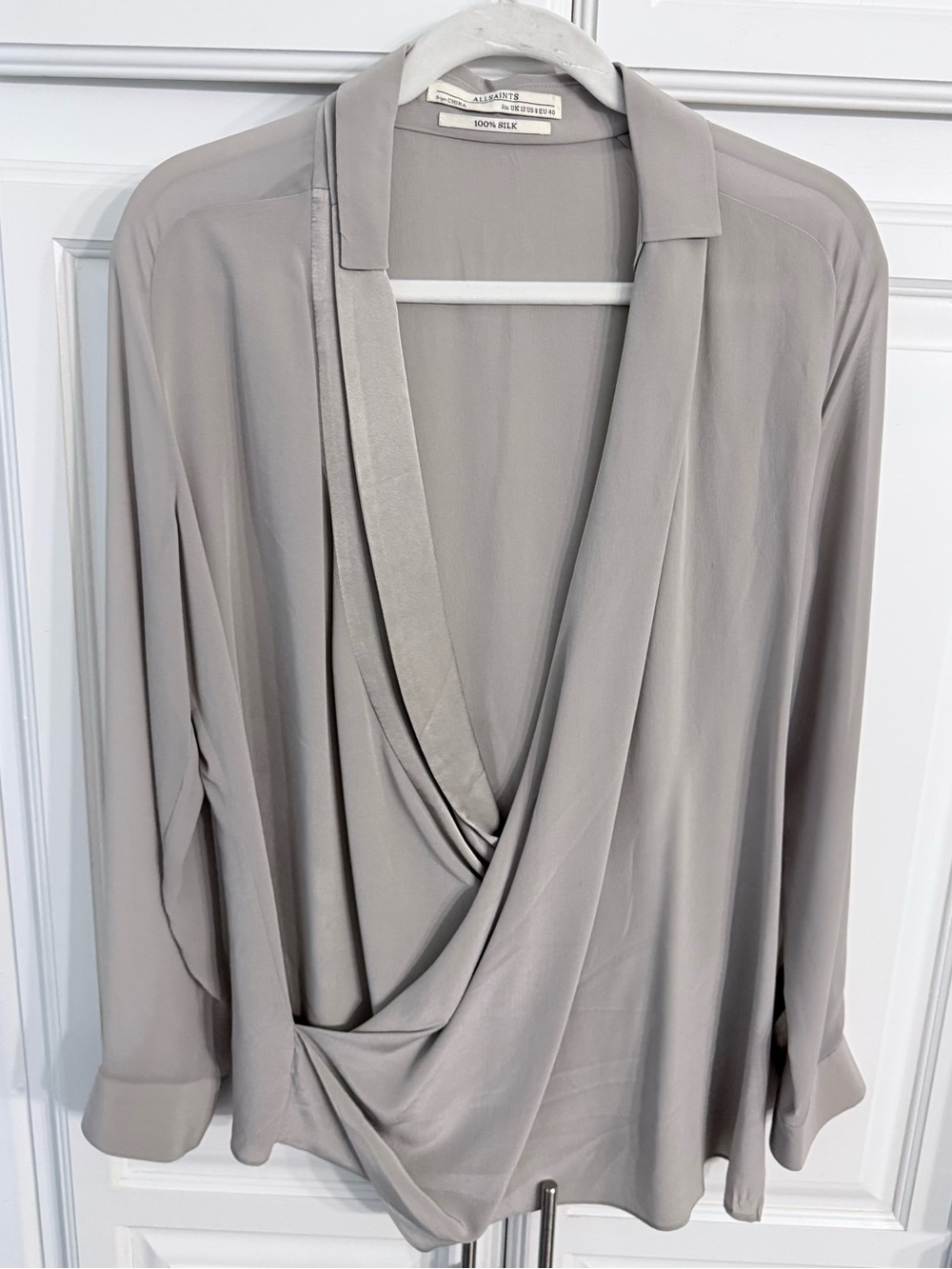 All Saints Silver-Grey Drape Front Silk Blouse